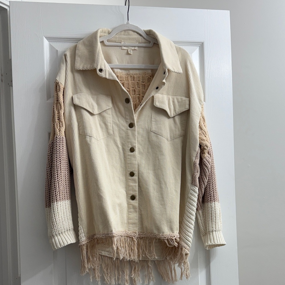 Beige Corduroy Button-Up Jacket with Knit Sleeves